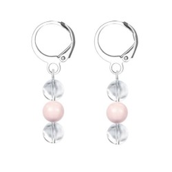 Premium Stainless Steel Hoop Clear Crystal Globe With Rosaline Pink Crystal Pearl Trilogy Earrings (Made In Japan)