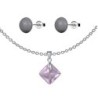 June Birthstone Light Amethyst Princess Cut Crystal Pendant With Dark Grey Cabochon 10mm Crystal Pearls Stud Earrings