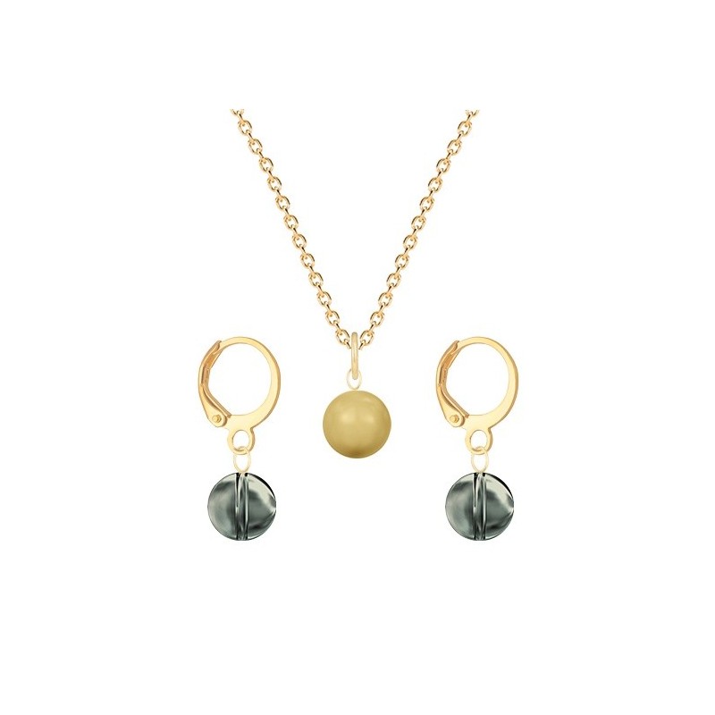 Gold Plated Premium Steel Golden Crystal Pearl Pendant With Black Diamond Austria Globe Hoop Earrings Set