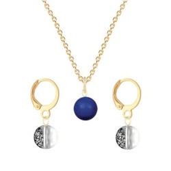 Gold Plated Premium Steel Dark Lapis Crystal Pearl Pendant With Black Patina Austria Globe Hoop Earrings Set