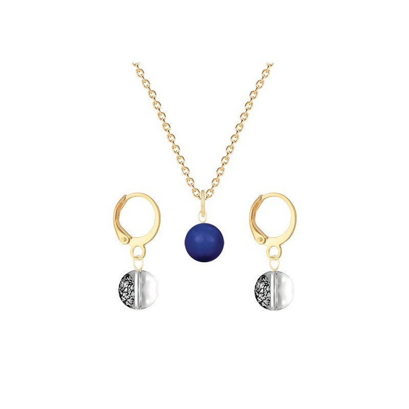 Gold Plated Premium Steel Dark Lapis Crystal Pearl Pendant With Black Patina Austria Globe Hoop Earrings Set