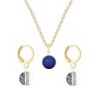 Gold Plated Premium Steel Dark Lapis Crystal Pearl Pendant With Black Patina Austria Globe Hoop Earrings Set