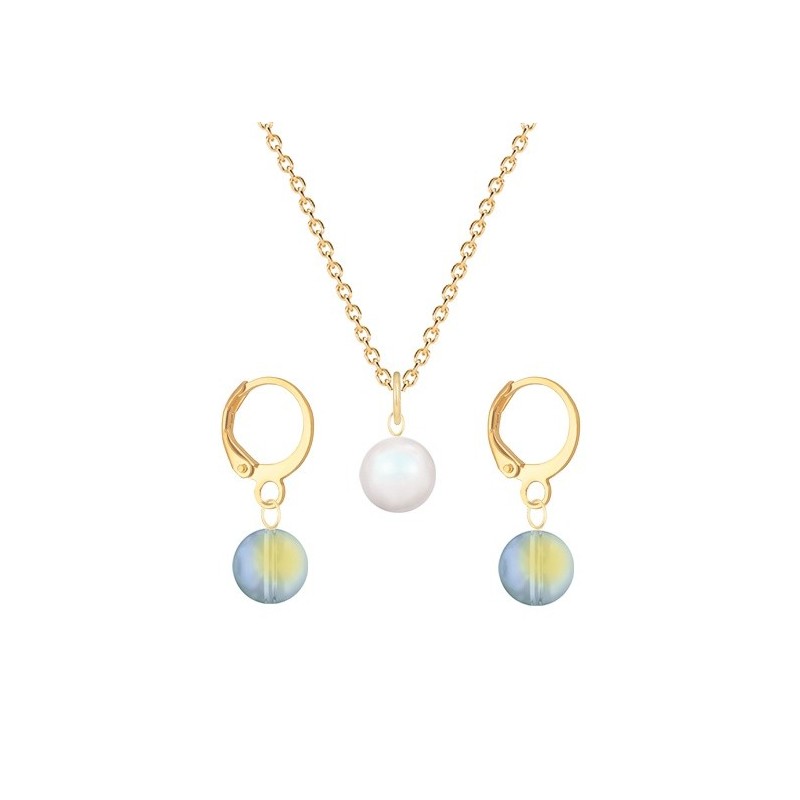 Gold Plated Premium Steel Pearlescent White Crystal Pearl Pendant With Iridescent Green Austria Globe Hoop Earrings Set