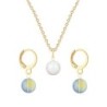 Gold Plated Premium Steel Pearlescent White Crystal Pearl Pendant With Iridescent Green Austria Globe Hoop Earrings Set