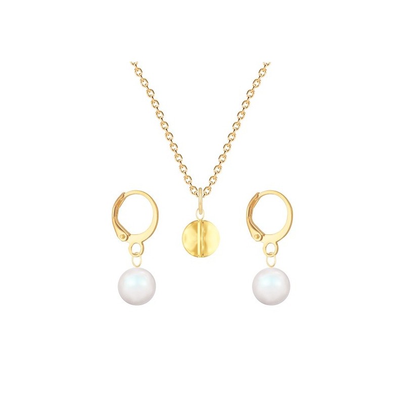 Gold Plated Premium Steel Golden Shadow 8mm Austria Globe Pendant With Pearlescent White Crystal Pearl Hoop Earrings Set