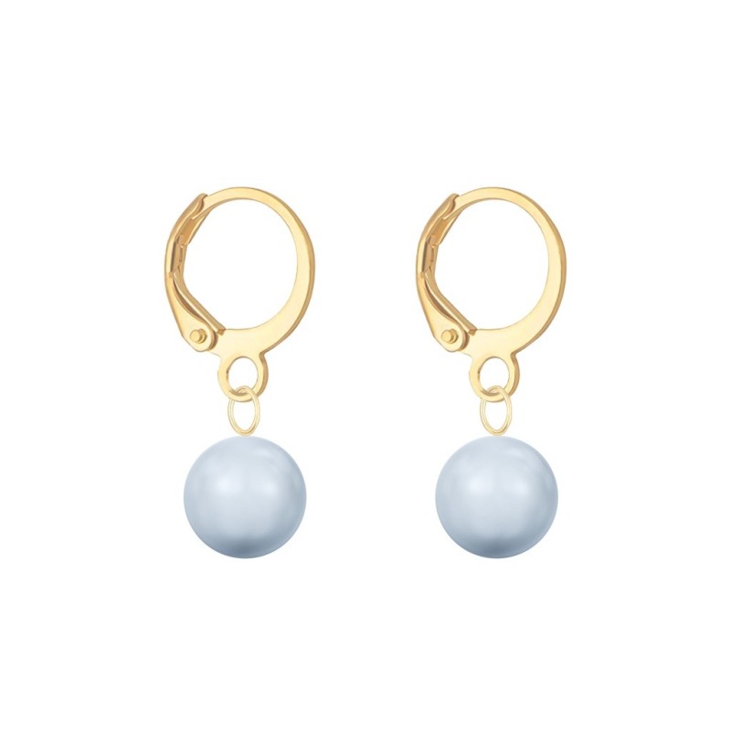 March Birthpearl Gold Plated Light Blue 8mm Crystal Pearl Hoop Earrings Embellished with Austrian Crystal Pearls