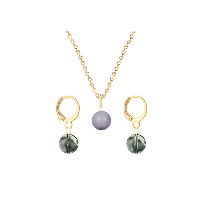 Gold Plated Premium Steel Mauve Crystal Pearl Pendant With Black Diamond Austria Globe Hoop Earrings Set