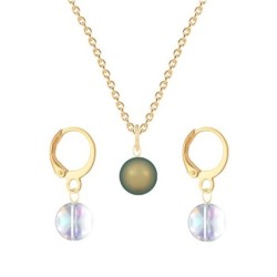 Gold Plated Premium Steel Iridescent Green Crystal Pearl Pendant With Aurora Borealis Austria Globe Hoop Earrings Set