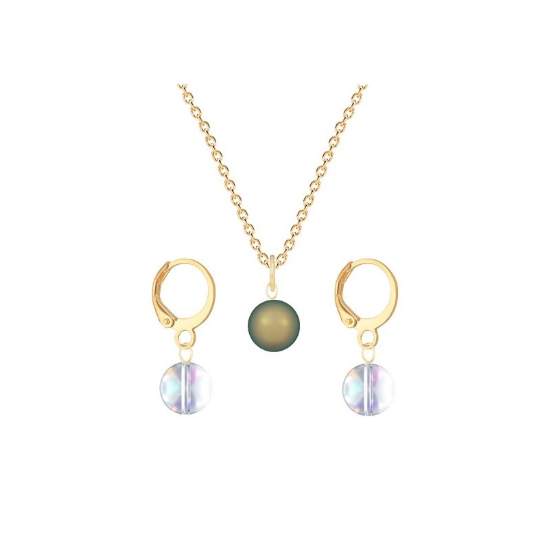 Gold Plated Premium Steel Iridescent Green Crystal Pearl Pendant With Aurora Borealis Austria Globe Hoop Earrings Set