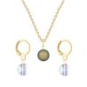 Gold Plated Premium Steel Iridescent Green Crystal Pearl Pendant With Aurora Borealis Austria Globe Hoop Earrings Set