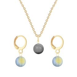 Gold Plated Premium Steel Grey Crystal Pearl Pendant With Iridescent Green Austria Globe Hoop Earrings Set