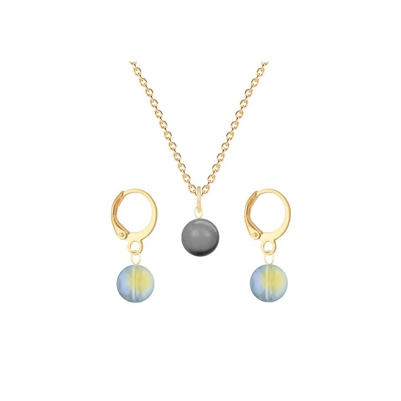 Gold Plated Premium Steel Grey Crystal Pearl Pendant With Iridescent Green Austria Globe Hoop Earrings Set