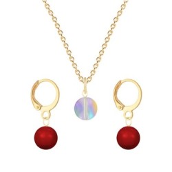 Gold Plated Premium Steel Paradise Shine 8mm Austria Globe Pendant With Corel Red Crystal Pearl Hoop Earrings Set