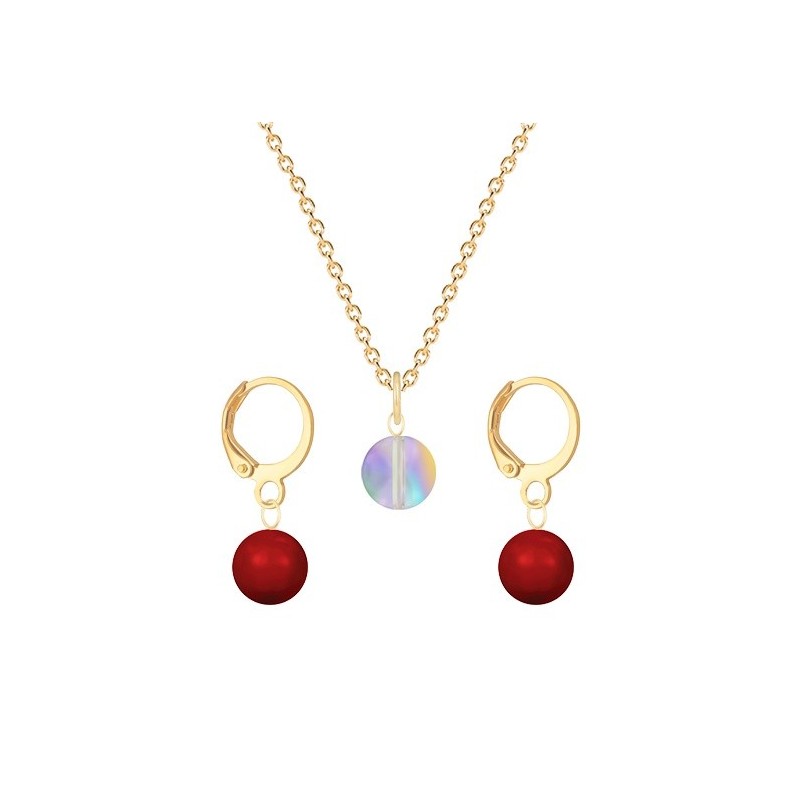 Gold Plated Premium Steel Paradise Shine 8mm Austria Globe Pendant With Corel Red Crystal Pearl Hoop Earrings Set