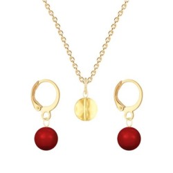 Gold Plated Premium Steel Golden Shadow 8mm Austria Globe Pendant With Corel Red Crystal Pearl Hoop Earrings Set