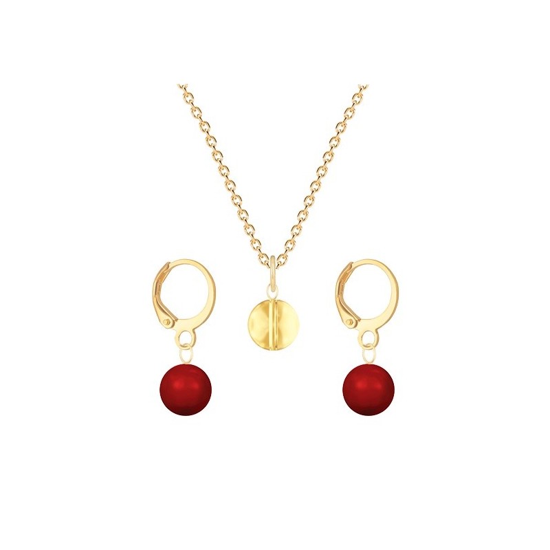 Gold Plated Premium Steel Golden Shadow 8mm Austria Globe Pendant With Corel Red Crystal Pearl Hoop Earrings Set