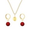 Gold Plated Premium Steel Golden Shadow 8mm Austria Globe Pendant With Corel Red Crystal Pearl Hoop Earrings Set