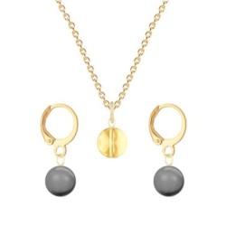 Gold Plated Premium Steel Golden Shadow 8mm Austria Globe Pendant With Grey Crystal Pearl Hoop Earrings Set