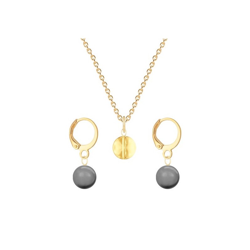 Gold Plated Premium Steel Golden Shadow 8mm Austria Globe Pendant With Grey Crystal Pearl Hoop Earrings Set