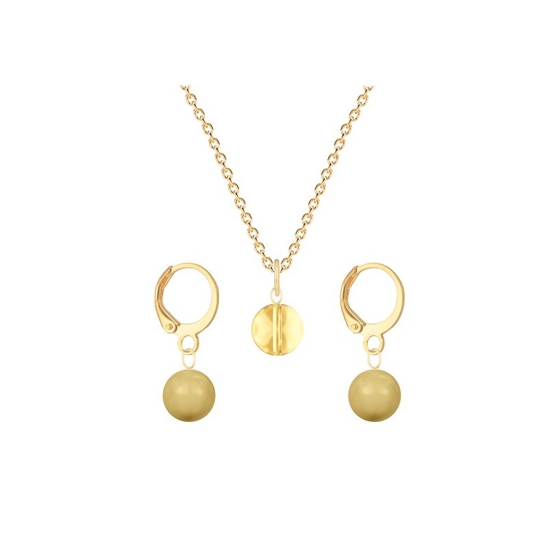 Gold Plated Premium Steel Golden Shadow 8mm Austria Globe Pendant With Golden Crystal Pearl Hoop Earrings Set