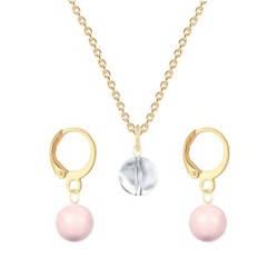 Gold Plated Premium Steel Crystal Clear 8mm Austria Globe Pendant With Rosaline Pink Crystal Pearl Hoop Earrings Set