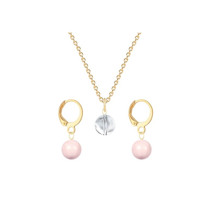 Gold Plated Premium Steel Crystal Clear 8mm Austria Globe Pendant With Rosaline Pink Crystal Pearl Hoop Earrings Set