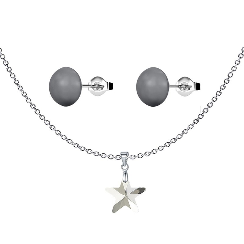 New Star Silver Shade Austrian Crystal Pendant With Dark Grey Cabochon Crystal Pearls Premium Steel 10mm Earrings