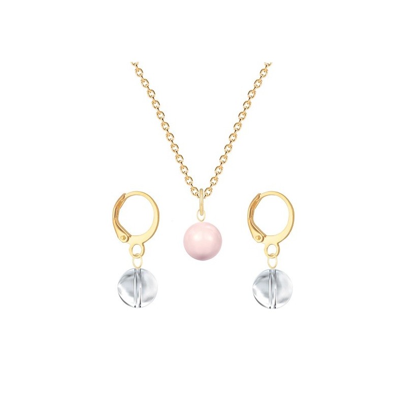 Gold Plated Premium Steel Rosaline Pink Crystal Pearl Pendant With Crystal Clear Austria Globe Hoop Earrings Set