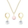 Gold Plated Premium Steel Rosaline Pink Crystal Pearl Pendant With Crystal Clear Austria Globe Hoop Earrings Set