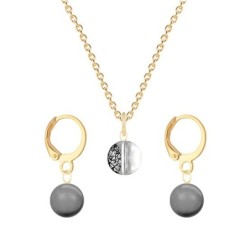 Gold Plated Premium Steel Black Patina 8mm Austria Globe Pendant With Grey Crystal Pearl Hoop Earrings Set