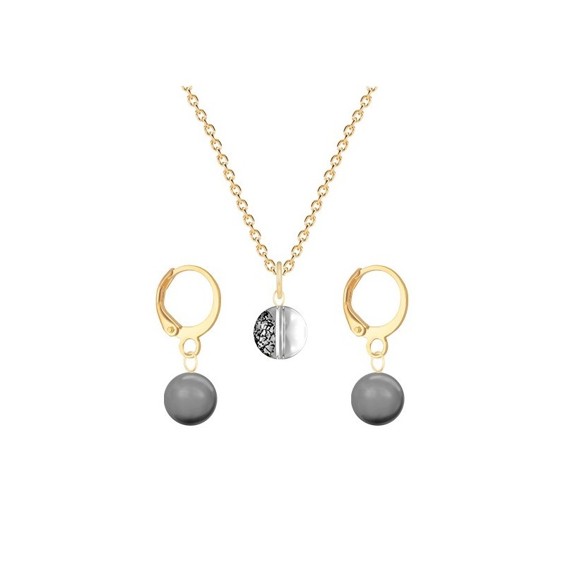 Gold Plated Premium Steel Black Patina 8mm Austria Globe Pendant With Grey Crystal Pearl Hoop Earrings Set