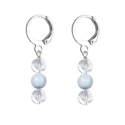 Premium Stainless Steel Hoop Clear Crystal Globe With Light Blue Crystal Pearl Trilogy Earrings (Made In Japan)