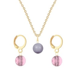 Gold Plated Premium Steel Mauve Crystal Pearl Pendant With Antique Pink Austria Globe Hoop Earrings Set