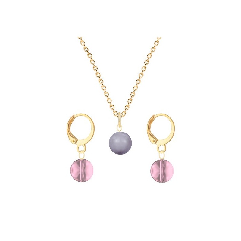 Gold Plated Premium Steel Mauve Crystal Pearl Pendant With Antique Pink Austria Globe Hoop Earrings Set