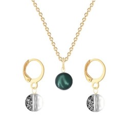 Gold Plated Premium Steel Iridescent Tahitian Crystal Pearl Pendant With Black Patina Austria Globe Hoop Earrings Set