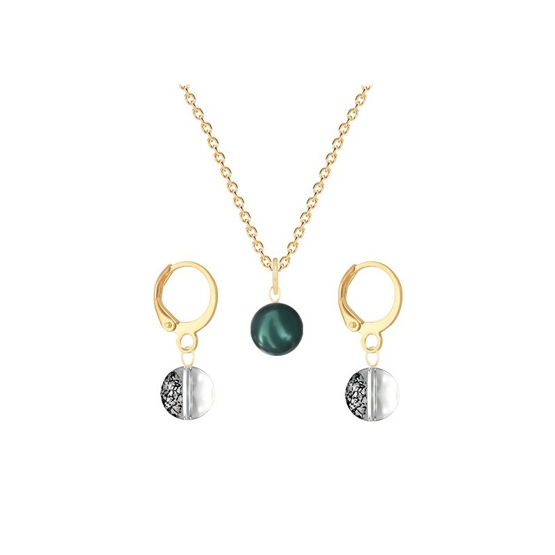 Gold Plated Premium Steel Iridescent Tahitian Crystal Pearl Pendant With Black Patina Austria Globe Hoop Earrings Set