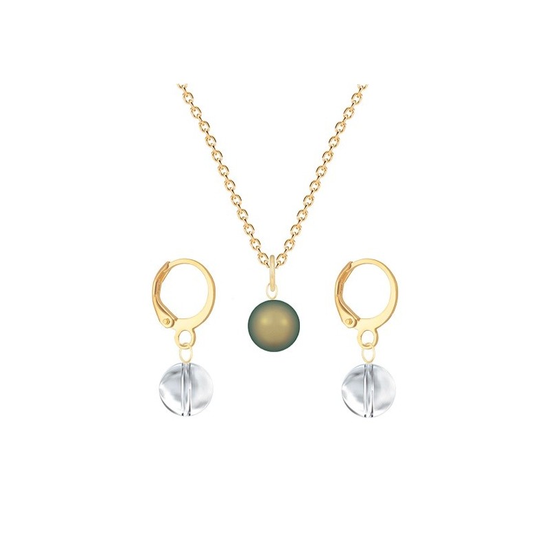 Gold Plated Premium Steel Iridescent Green Crystal Pearl Pendant With Crystal Clear Austria Globe Hoop Earrings Set