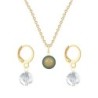 Gold Plated Premium Steel Iridescent Green Crystal Pearl Pendant With Crystal Clear Austria Globe Hoop Earrings Set