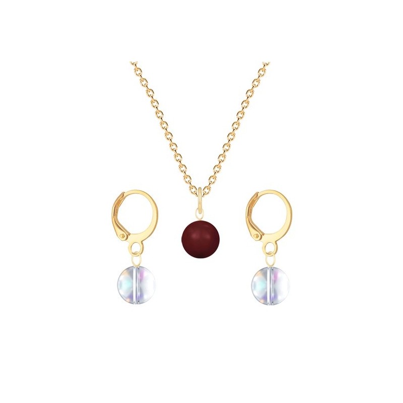 Gold Plated Premium Steel Bordeaux Crystal Pearl Pendant With Aurora Borealis Austria Globe Hoop Earrings Set