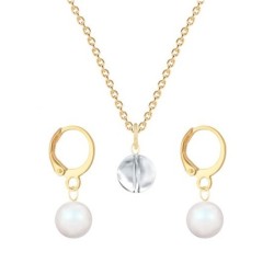 Gold Plated Premium Steel Crystal Clear 8mm Austria Globe Pendant With Pearlescent White Crystal Pearl Hoop Earrings Set