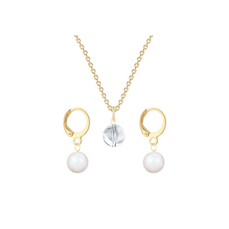 Gold Plated Premium Steel Crystal Clear 8mm Austria Globe Pendant With Pearlescent White Crystal Pearl Hoop Earrings Set