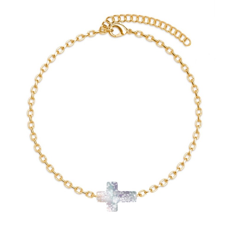 18K Gold Plated Premium Stainless Steel Trendy White Patina Cross Crystal Bracelet (Made in Singapore)