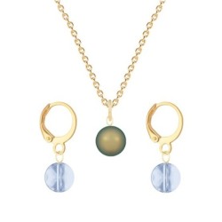 Gold Plated Premium Steel Iridescent Green Crystal Pearl Pendant With Blue Shade Austria Globe Hoop Earrings Set