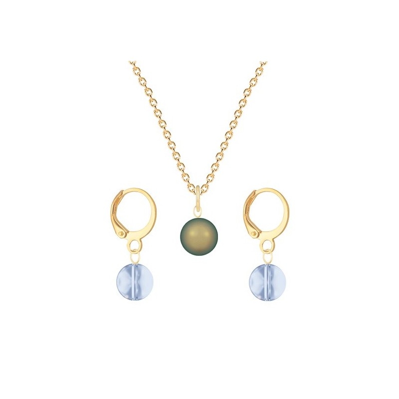 Gold Plated Premium Steel Iridescent Green Crystal Pearl Pendant With Blue Shade Austria Globe Hoop Earrings Set