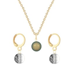 Gold Plated Premium Steel Iridescent Green Crystal Pearl Pendant With Black Patina Austria Globe Hoop Earrings Set