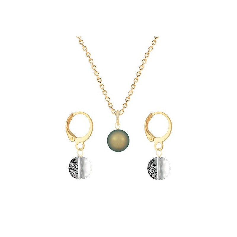 Gold Plated Premium Steel Iridescent Green Crystal Pearl Pendant With Black Patina Austria Globe Hoop Earrings Set