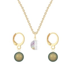 Gold Plated Premium Steel White Patina 8mm Austria Globe Pendant With Iridescent Green Crystal Pearl Hoop Earrings Set