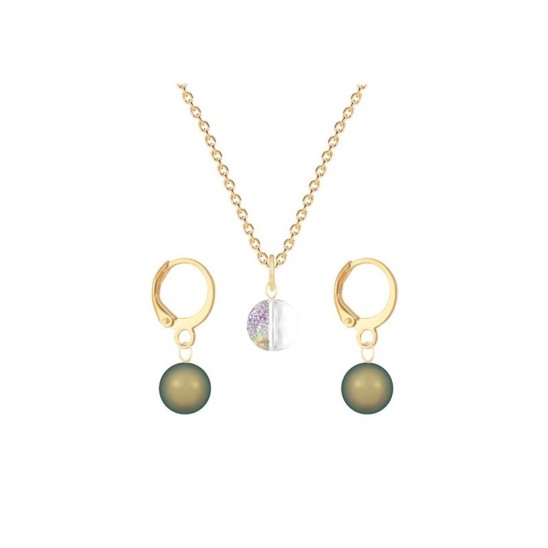 Gold Plated Premium Steel White Patina 8mm Austria Globe Pendant With Iridescent Green Crystal Pearl Hoop Earrings Set