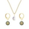 Gold Plated Premium Steel White Patina 8mm Austria Globe Pendant With Iridescent Green Crystal Pearl Hoop Earrings Set