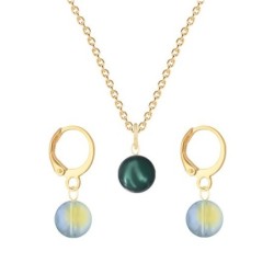 Gold Plated Premium Steel Iridescent Tahitian Crystal Pearl Pendant With Iridescent Green Austria Globe Hoop Earrings